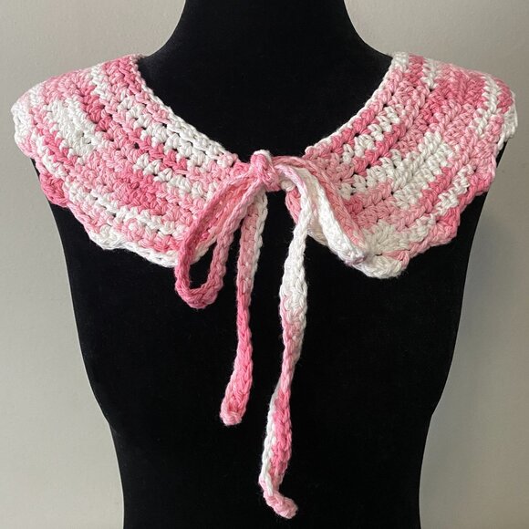 Handmade Crochet Pink White Cotton Collar Neckwear Accessory - Picture 1 of 6